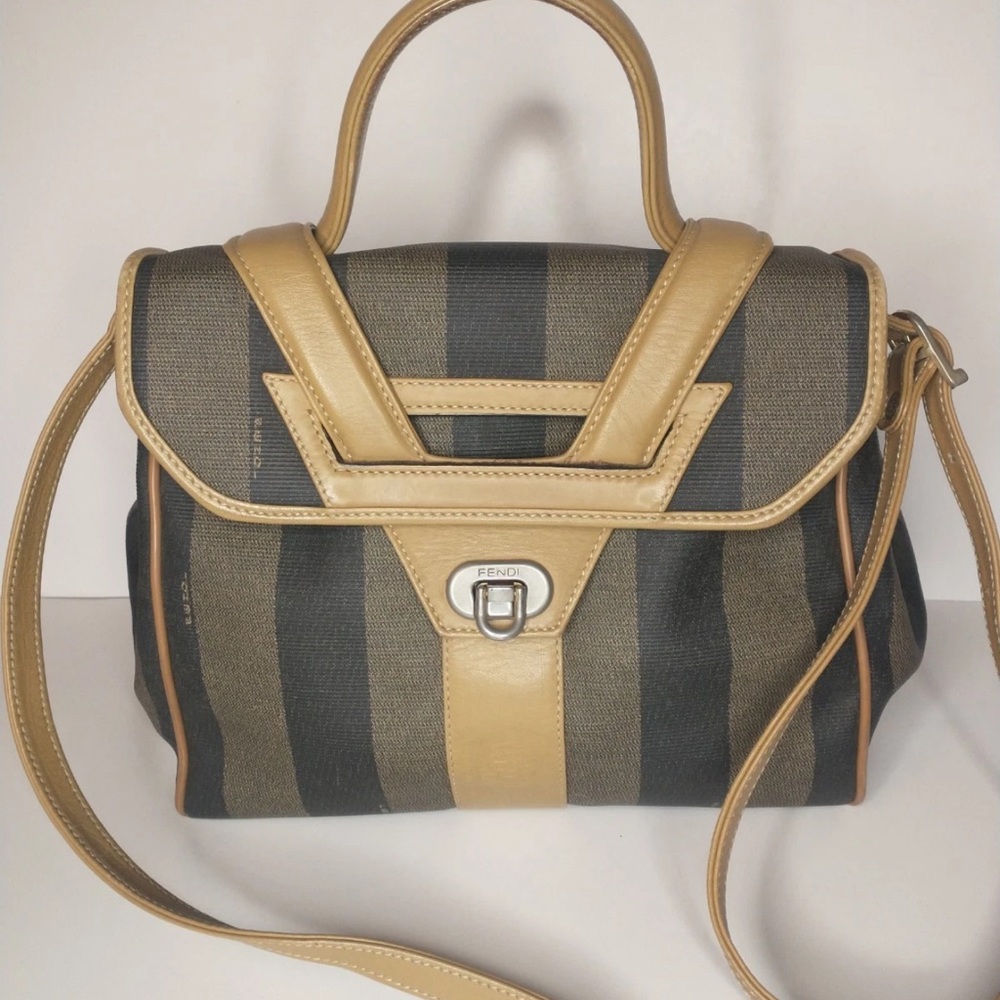 Fendi Pequin Black & Tan Striped Handbag/Crossbody Bag with Leather Trim.